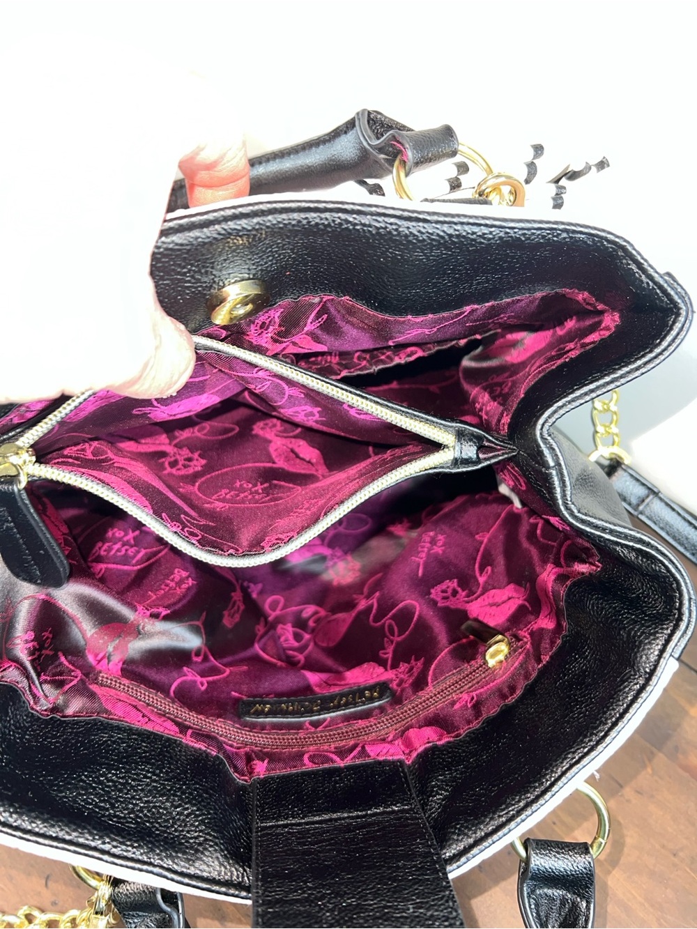 Betsey Johnson Pink and Black Quilted Satchel with Striped Bow - Picture 7 of 9